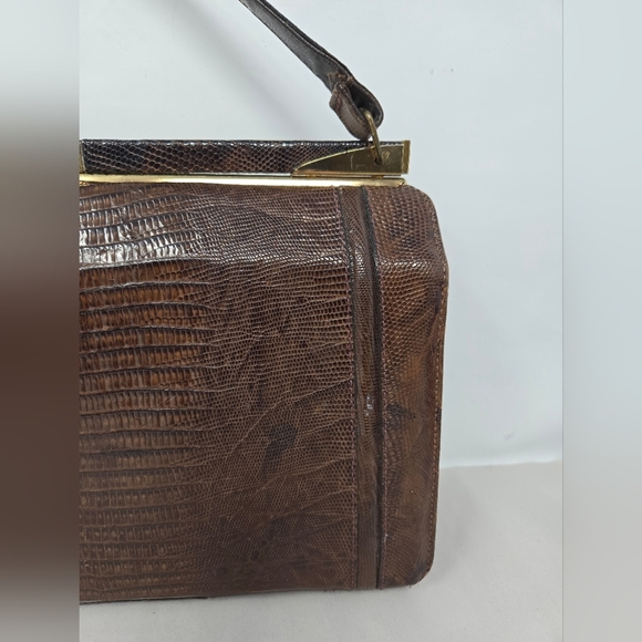 Womens Vintage Purse 1950's Dark Brown Exotic Repile Skin Arm Handbag Gold Tone - Picture 7 of 15